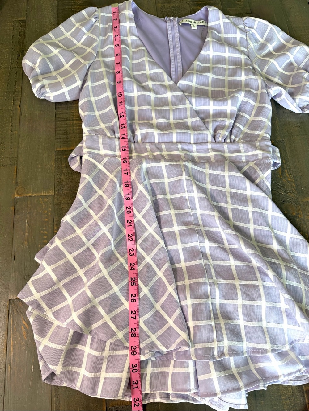 Allison & Kelly Plaid Romper Tiered Skort Puff Sleeve Lilac Large L⁠ -FLAW - Picture 10 of 10